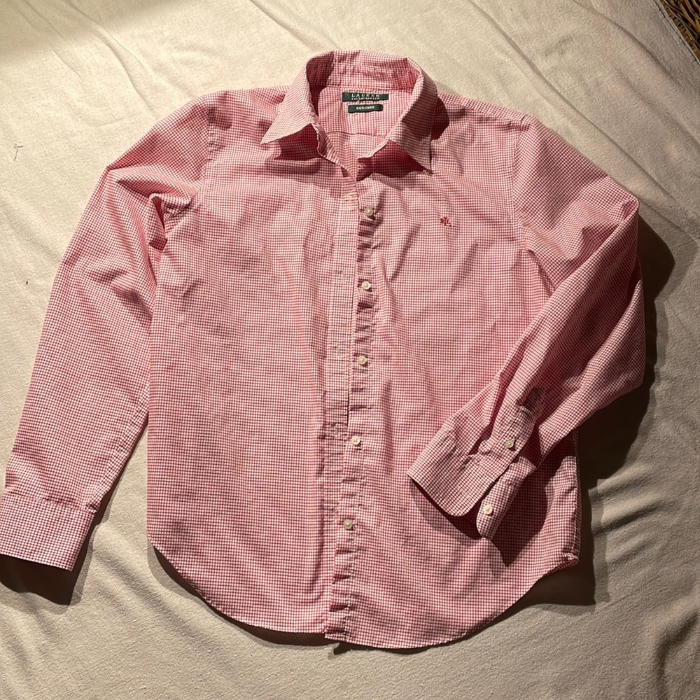 Ralph Lauren red white checkered long sleeve button down shirt, M